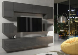 Panorama Wall Tv Unit Dark Grey With High Gloss Doors And Led Lighting - Creative Furniture - thumbnail 5