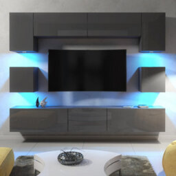 Panorama Wall Tv Unit Dark Grey With High Gloss Doors And Led Lighting - Creative Furniture