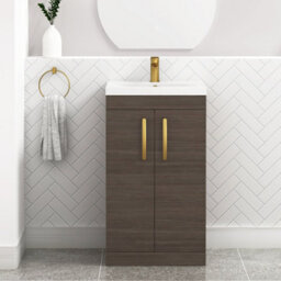 Royal Bathrooms Turin Grey Elm 500mm Floor Standing Vanity Unit 2 Door With Mid-Edge Basin Sink & Brushed Brass Handles