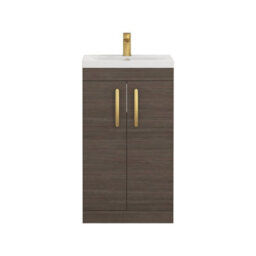 Royal Bathrooms Turin Grey Elm 500mm Floor Standing Vanity Unit 2 Door With Mid-Edge Basin Sink & Brushed Brass Handles - thumbnail 6