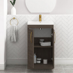 Royal Bathrooms Turin Grey Elm 500mm Floor Standing Vanity Unit 2 Door With Mid-Edge Basin Sink & Brushed Brass Handles - thumbnail 3