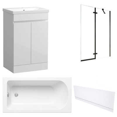 FNX Bathrooms Waterproof 600mm Vanity Unit With Single Ended Bath, Gloss White Front Panel & Matt Black Profile Bath Screen - image 1