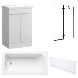 FNX Bathrooms Waterproof 600mm Vanity Unit With Single Ended Bath, Gloss White Front Panel & Matt Black Profile Bath Screen - thumbnail 1
