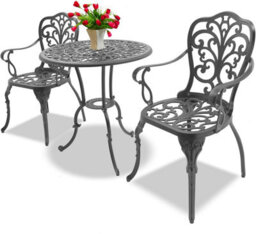 Homeology Bangui Grey Luxurious Outdoor Garden Patio Table And 2 Large Chairs With Armrests Cast Aluminium Bistro Set