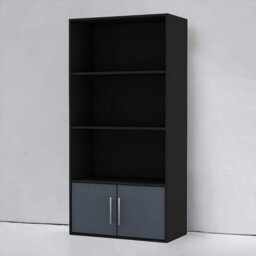 Urbn-Living Urbnliving 118Cm Height Black 4-Tier Bookcase With 2 Grey Doors - Metal Handles - thumbnail 2