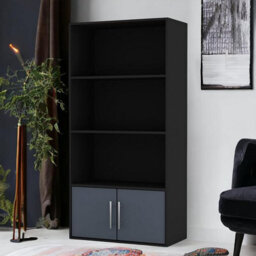 Urbn-Living Urbnliving 118Cm Height Black 4-Tier Bookcase With 2 Grey Doors - Metal Handles