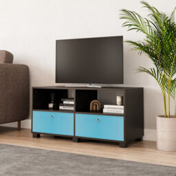 Urbn-Living Urbnliving 47Cm Height Black Wooden Tv Unit Stand Media Cabinet 2 Sky Blue Fabric Storage Drawers