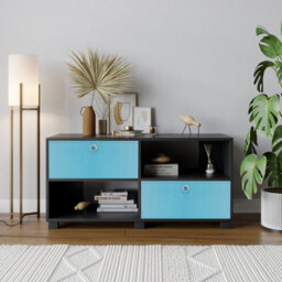 Urbn-Living Urbnliving 47Cm Height Black Wooden Tv Unit Stand Media Cabinet 2 Sky Blue Fabric Storage Drawers - thumbnail 2