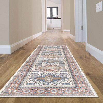 Blue Bordered Floral Rug For Bedroom, & Living Room, 7mm Thick Stain-Resistant Traditional Rug - 60Cm X 180Cm (Runner) - image 1