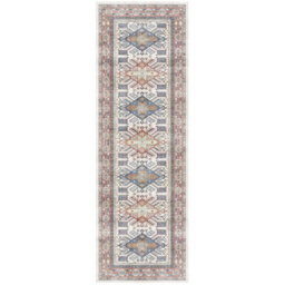 Blue Bordered Floral Rug For Bedroom, & Living Room, 7mm Thick Stain-Resistant Traditional Rug - 60Cm X 180Cm (Runner) - thumbnail 4