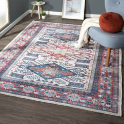 Blue Bordered Floral Rug For Bedroom, & Living Room, 7mm Thick Stain-Resistant Traditional Rug - 60Cm X 180Cm (Runner) - thumbnail 3