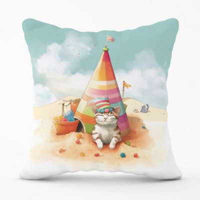 Warren Reed Designer Cat On A Beach Holiday Cushions 45Cm X 45Cm - image 1