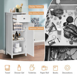 Costway Bathroom Wooden Storage Cabinet Floor Standing Cupboard W/ Single Door & Drawer - thumbnail 6
