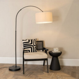 Valuelights Louis Black Metal Arched Floor Lamp With Linen White Trim Drum Shade And Led Bulb