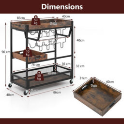 Costway Kitchen Serving Cart 3-Tier Storage Trolley With Removable Tray-Brown - thumbnail 2