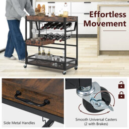 Costway Kitchen Serving Cart 3-Tier Storage Trolley With Removable Tray-Brown - thumbnail 5