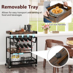 Costway Kitchen Serving Cart 3-Tier Storage Trolley With Removable Tray-Brown - thumbnail 4
