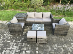 Fimous Wicker 7 Pieces Rattan Garden Furniture Sofa Set With Armchair Side Table Square Coffee Table 2 Small Footstools - thumbnail 2