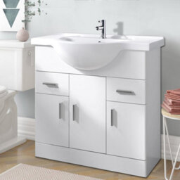 Rinse Bathrooms Gloss White Painted Bathroom Basin Sink Vanity Unit Cabinet Soft Close Door Hinges Floor Standing 850mm