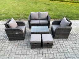 Fimous Wicker Pe Rattan Outdoor Furniture Set Garden Love Sofa Coffee Table 2 Armchair 2 Small Footstools Dark Grey Mixed - thumbnail 1