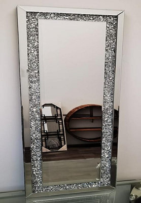 Biznest 40X120Cm New Gatsby Full Length Crushed Diamond Crystal Glass Silver Rectangle Frame Bevelled Wall Mirror Home Décor