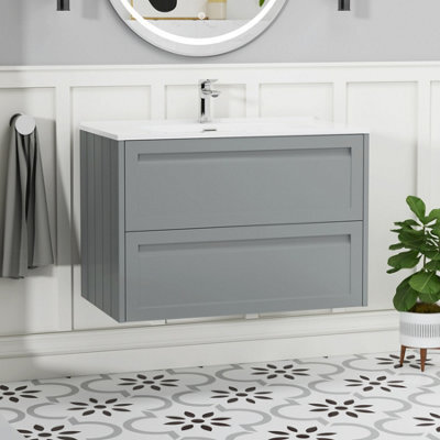 Royal Bathrooms Elmore 800mm Traditional Wall Hung 2 Drawer Cabinet Bathroom Vanity Unit With Ceramic Basin Sink- Matt Pebble Grey - image 1