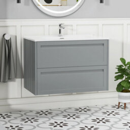 Royal Bathrooms Elmore 800mm Traditional Wall Hung 2 Drawer Cabinet Bathroom Vanity Unit With Ceramic Basin Sink- Matt Pebble Grey