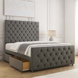 Bsspoke Maya Divan Bed Set In Grey Velvet With 54Inch Headboard & 20Inch Footboard & 4 Drawers & Mattress In All Sizes - thumbnail 1