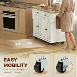 Homcom Kitchen Island On Wheels With Rubber Wood Top, Drawers, Cream White - thumbnail 7