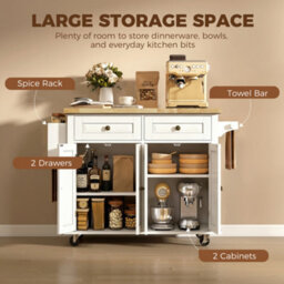 Homcom Kitchen Island On Wheels With Rubber Wood Top, Drawers, Cream White - thumbnail 6