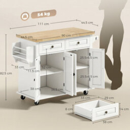 Homcom Kitchen Island On Wheels With Rubber Wood Top, Drawers, Cream White - thumbnail 3