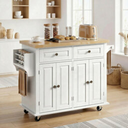 Homcom Kitchen Island On Wheels With Rubber Wood Top, Drawers, Cream White - thumbnail 2