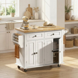 Homcom Kitchen Island On Wheels With Rubber Wood Top, Drawers, Cream White - thumbnail 1