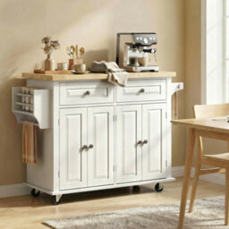 Homcom Kitchen Island On Wheels With Rubber Wood Top, Drawers, Cream White - thumbnail 9