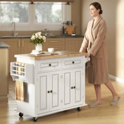 Homcom Kitchen Island On Wheels With Rubber Wood Top, Drawers, Cream White - thumbnail 8