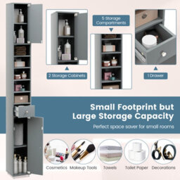 Costway 180 Cm Bathroom Tall Slim Cabinet Freestanding Storage Cabinet W/ Drawer-Grey - thumbnail 8