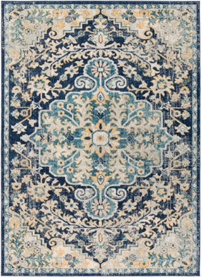 Livabliss Murat-Vintage Blue Yellow Grey Traditional Boho Living Dining Bedroom Rug 160 X 220 Cm Easy Care, Non Shedding - image 1