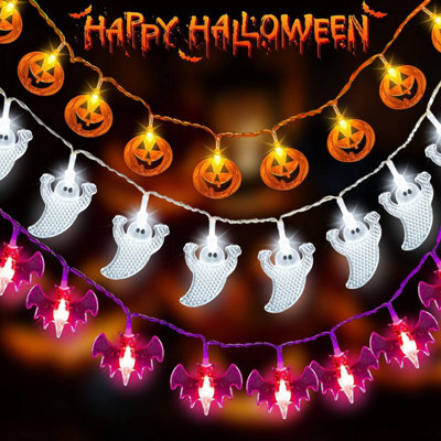 3-Pack 29.4Ft Halloween String Lights, 60 Led Orange Pumpkin Purple Bat Spider, Battery Powered For Indoor Outdoor Decor - image 1