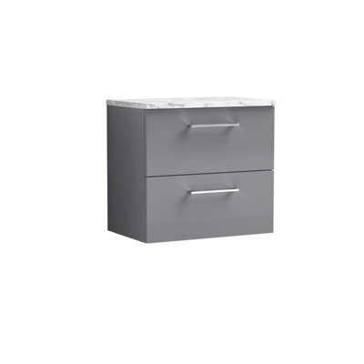 Nuie Arno Wall Hung 2-Drawer Vanity Unit & Laminate Worktop In Bellato Grey, Modern Counter Top Vanity Unit In Satin Grey