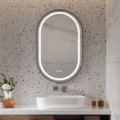 Living And Home Wall Mounted Oval Led Bathroom Mirror With White Colour Light Black Frame Mirror Adjustable Brightness - image 1