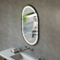 Living And Home Wall Mounted Oval Led Bathroom Mirror With White Colour Light Black Frame Mirror Adjustable Brightness - thumbnail 2