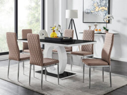 Furniturebox Giovani Rectangular 6 Seat White High Gloss Unique Halo Dining Table Black Glass Top 6 Beige Faux Leather Silver Leg Milan Chairs