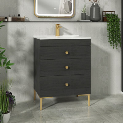 Royal Bathrooms Royal Bathroom Verona 600mm Black Woodgrain 3-Drawer Floor Standing Bathroom Vanity Unit With Ceramic Basin & Brushed Brass Knob - image 1