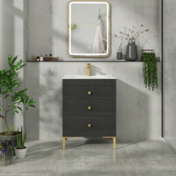 Royal Bathrooms Royal Bathroom Verona 600mm Black Woodgrain 3-Drawer Floor Standing Bathroom Vanity Unit With Ceramic Basin & Brushed Brass Knob - thumbnail 4