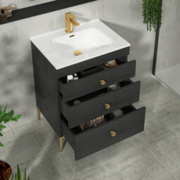 Royal Bathrooms Royal Bathroom Verona 600mm Black Woodgrain 3-Drawer Floor Standing Bathroom Vanity Unit With Ceramic Basin & Brushed Brass Knob - thumbnail 5