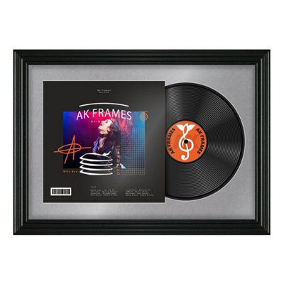 "AK Frames 25X17"" Black Swept Vinyl Record Frame With Mid Grey Mount For 12 Inch Lp Cover & Disc - Overlapped Design" - image 1