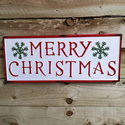 Samuel Alexander 57Cm Metal Merry Christmas Hanging Sign In Red & White With Green Snowflakes - image 1