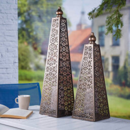 Battery Powered Moroccan Style Pyramid Lantern Lamp - Weatherproof Bronze Effect Home Or Garden Led Light - H45 X 15Cm Diameter - thumbnail 4