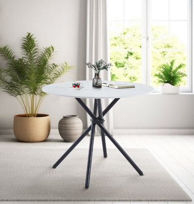 Hallowood Furniture Cullompton Small Round Dining Table (0.9M) With White Marble Effect Top And Black Metal Legs - image 1