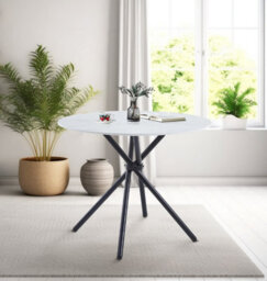Hallowood Furniture Cullompton Small Round Dining Table (0.9M) With White Marble Effect Top And Black Metal Legs